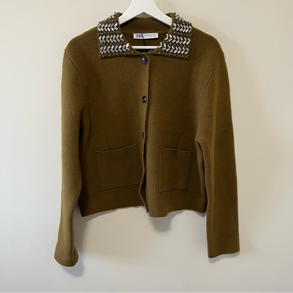 Zara ZW Collection 100% Wool Jewel Collar Cardigan Size XL - Picture 9 of 16